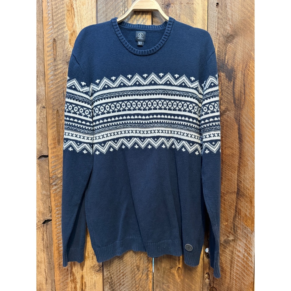 Volcom Mens XL Fair Isle Sweater Navy Nordic Ski Snowboard Winter Pullover